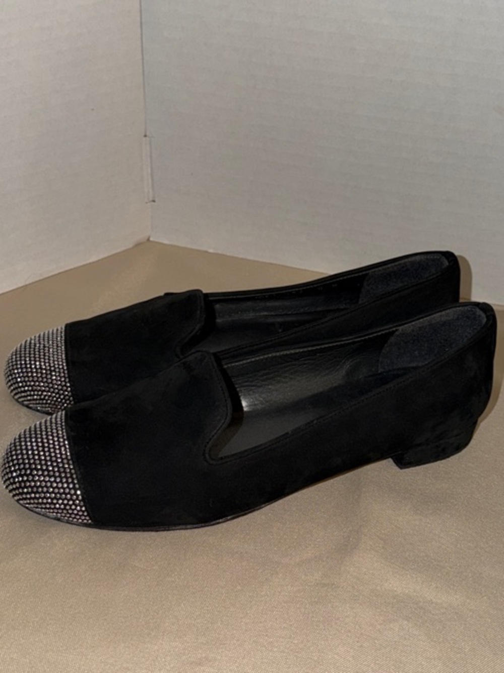SHOES - Stuart Weitzman Lingo Black Suede Flats w/Silver Studded Cap Toe Size 8